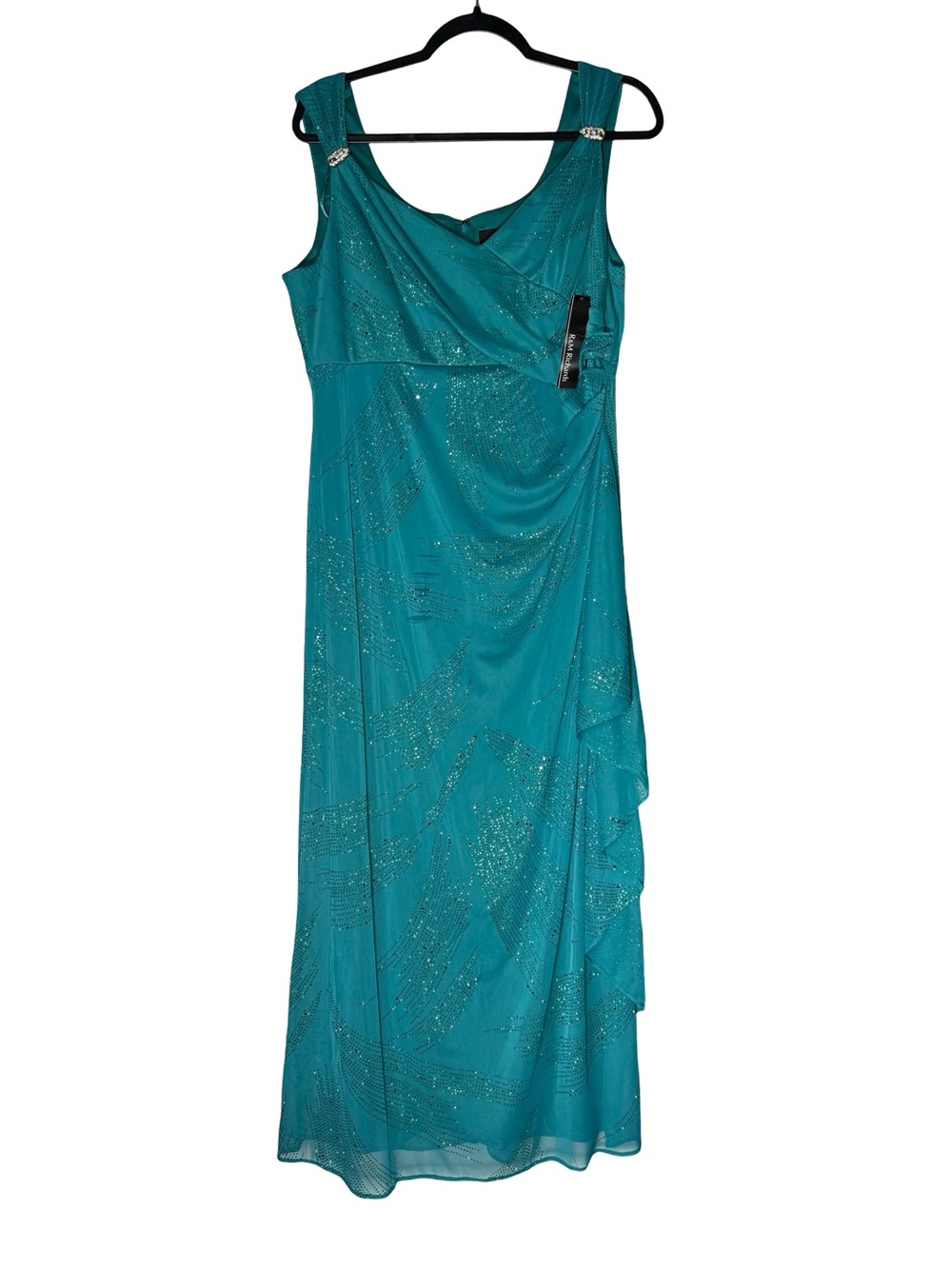 R&M Richards Dress 16 Jade Teal Rhinestone Formal Evening Gown NEW imperfection